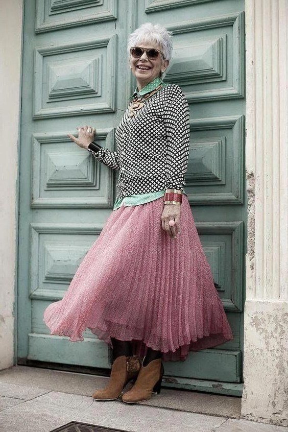 Patterned Top with a Mauve Pleated Skirt, classic casual outfit for women over 70