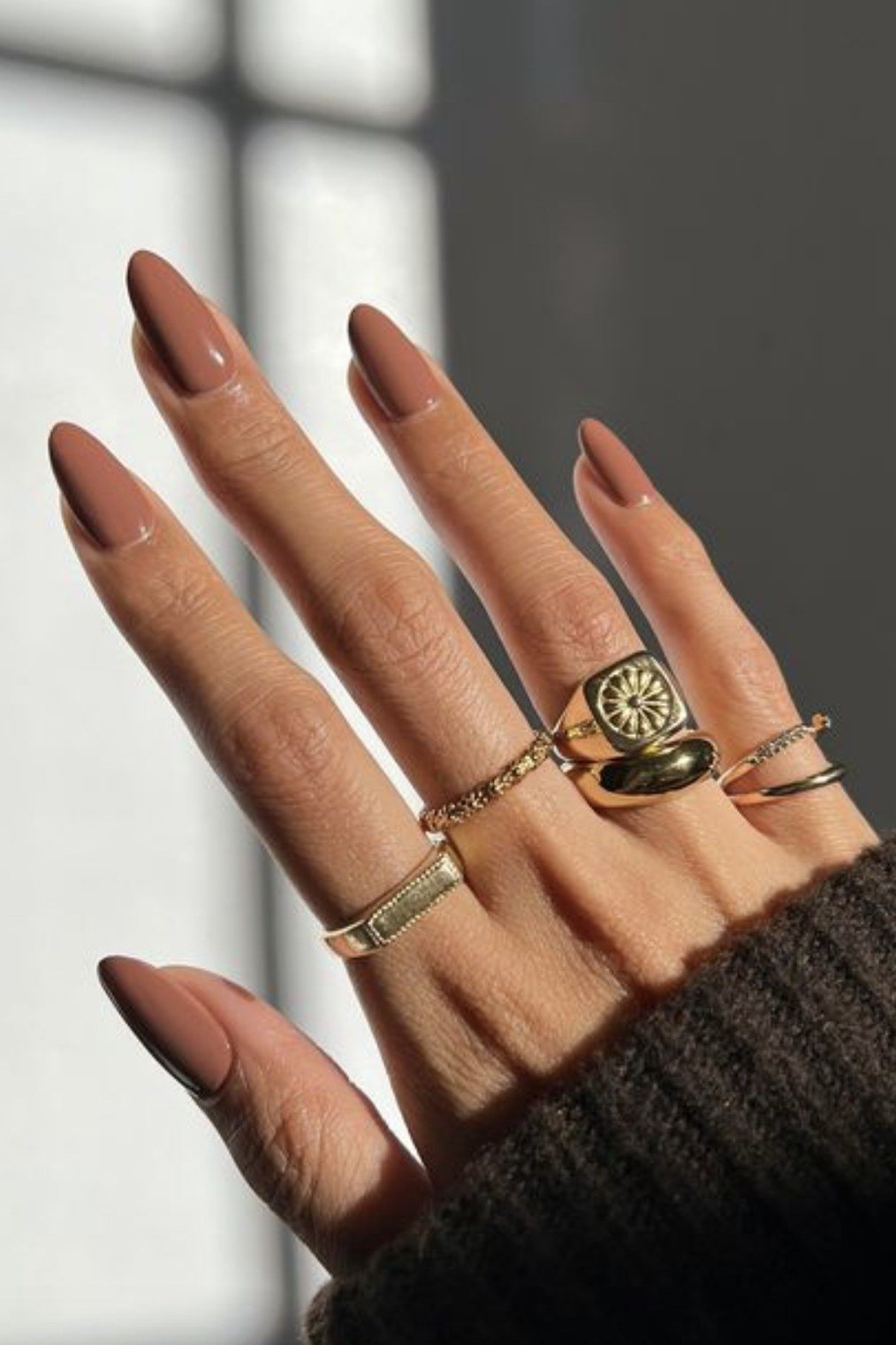 Cognac Brown Almond Nails with Gold Rings - old money fall nail color for women over 40