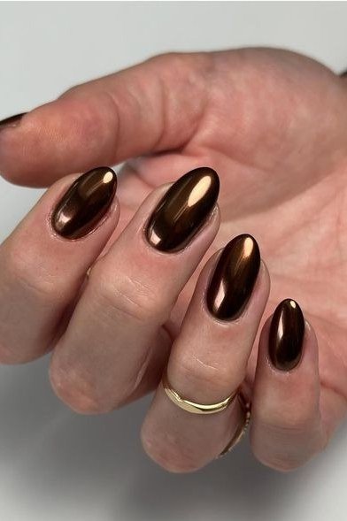 Dark Bronze Chrome Almond Nails - brown nail idea for women over 50