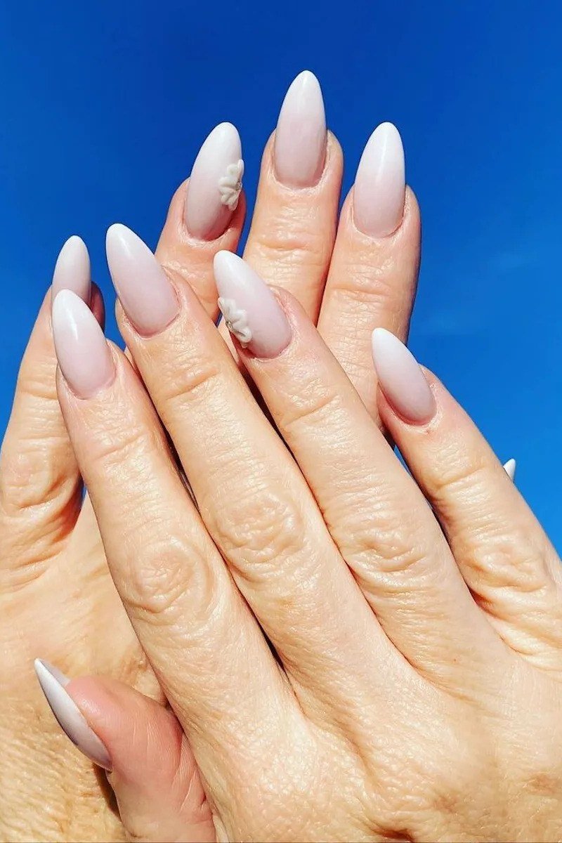 Nude Pink Long Almond gel nails for women over 60