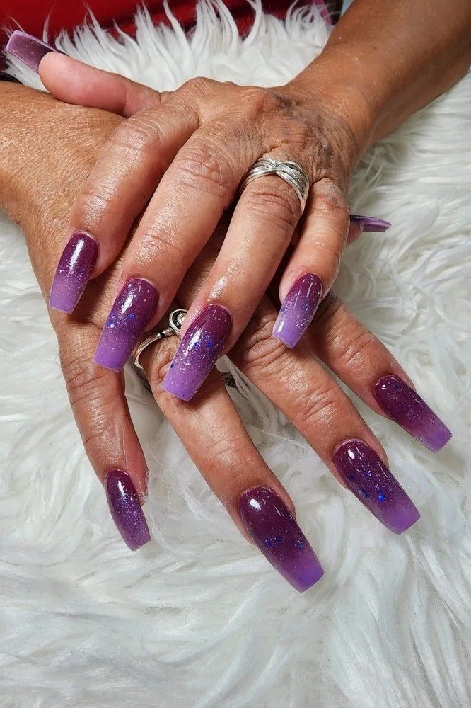 Purple Glitter Almond Nails - winter nail trend for older women over 70