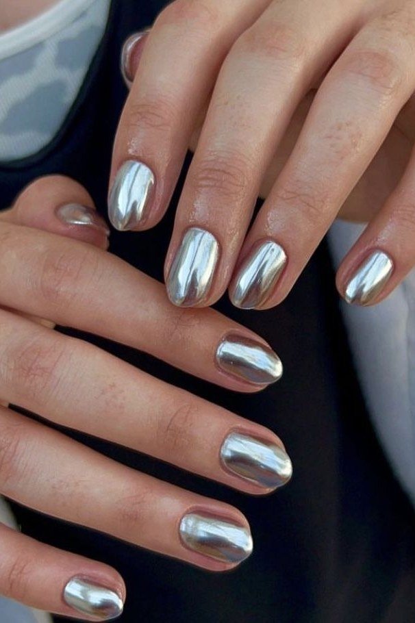 High-Shine Silver Mirror Almond Nails - chrome nail designs for women over 60