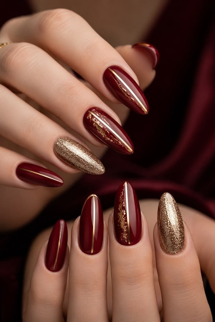 Burgundy and gold mix almond, burgundy fall nail idea for women over 60