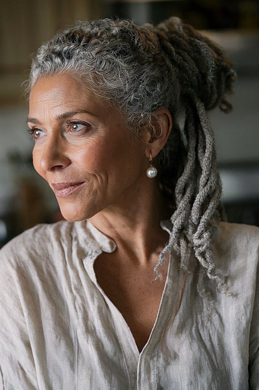 Gray locs half-up three-quarter view - curly hairstyle for women over 60