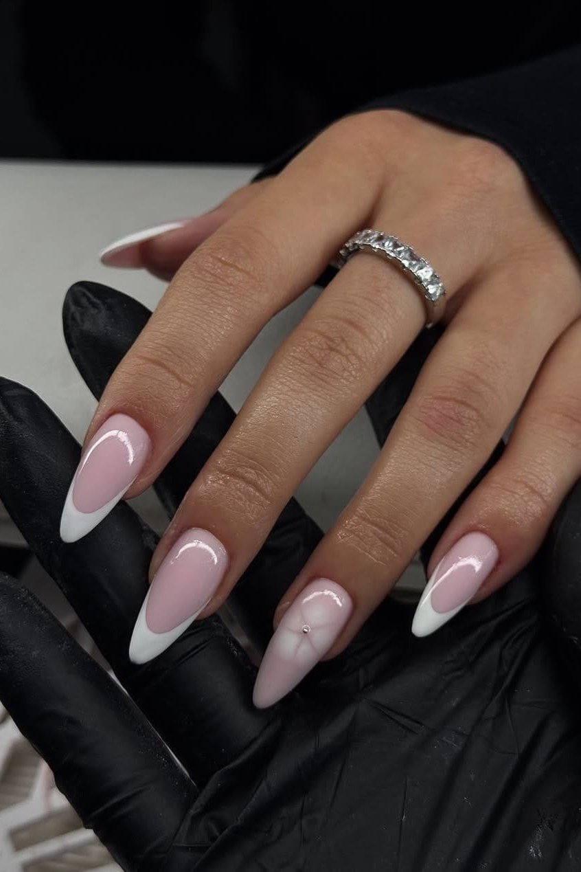 Dramatic Almond Contrast - micro french manicure with ultra-thin tip line, elegant nail design for women over 50
