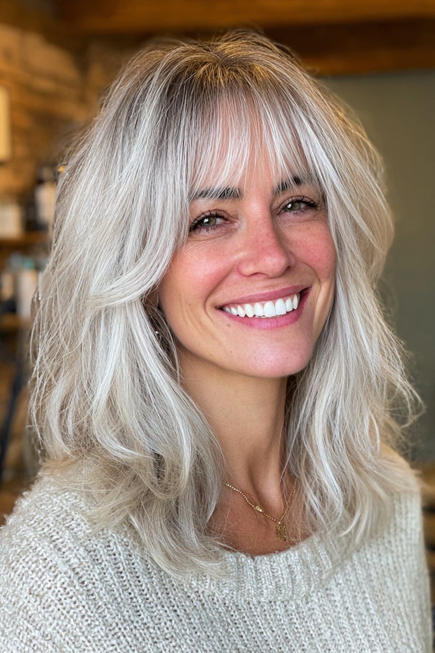 White wavy medium cut with full bangs and a bright smile for women over 60
