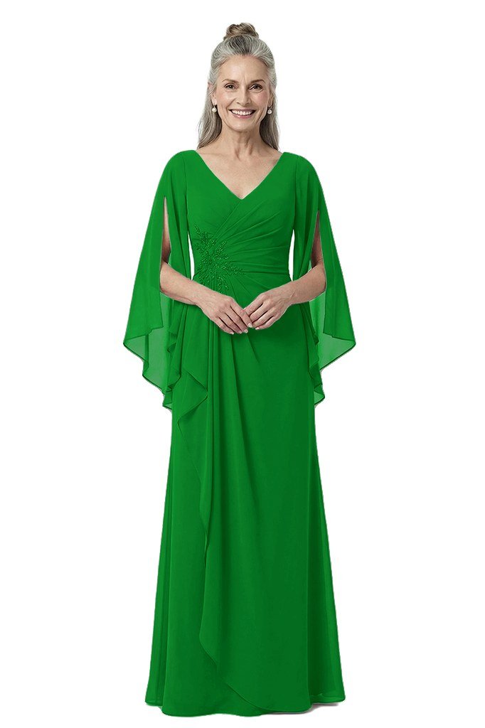 emerald green chiffon cape-sleeve gown