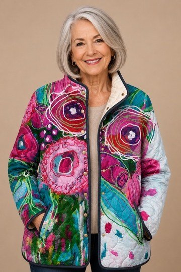 Colorful floral quilted jacket outfit for women over 60