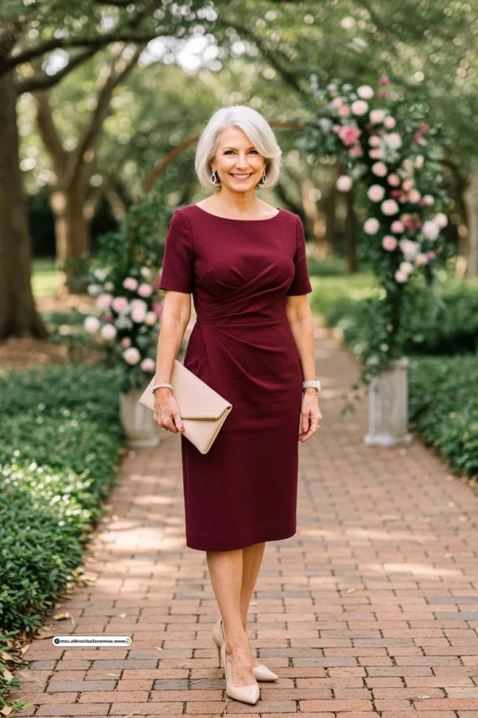 Burgundy sheath dress, garden path - wedding guest outfit for women over 50