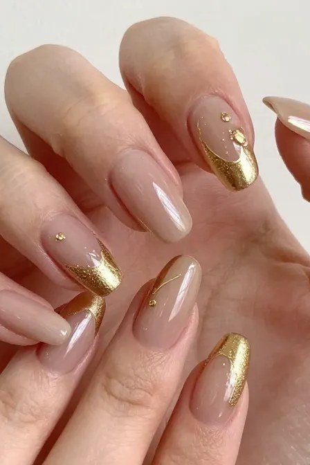 Nude Nails with Gold Tips, understated glam nail color for women over 60