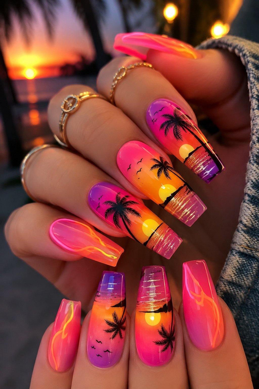 Neon Sunset Coffin Nails with Palm Art - Neon pink, orange, and purple blend across these long coffin nails, with black palm trees painted over the gradient. The glossy finish makes the tropical scene pop. It is a postcard on your fingertips.