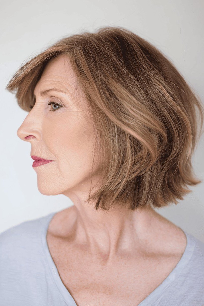 Soft Brown Wavy Bob hairstyle for women over 60