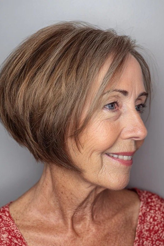 Chestnut stacked bob haircut for older women