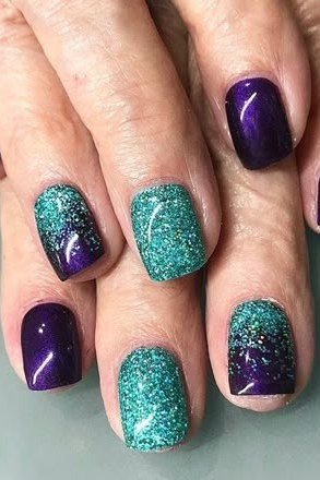 Purple and Teal Glitter Gel Nails gel nail idea for women over 60