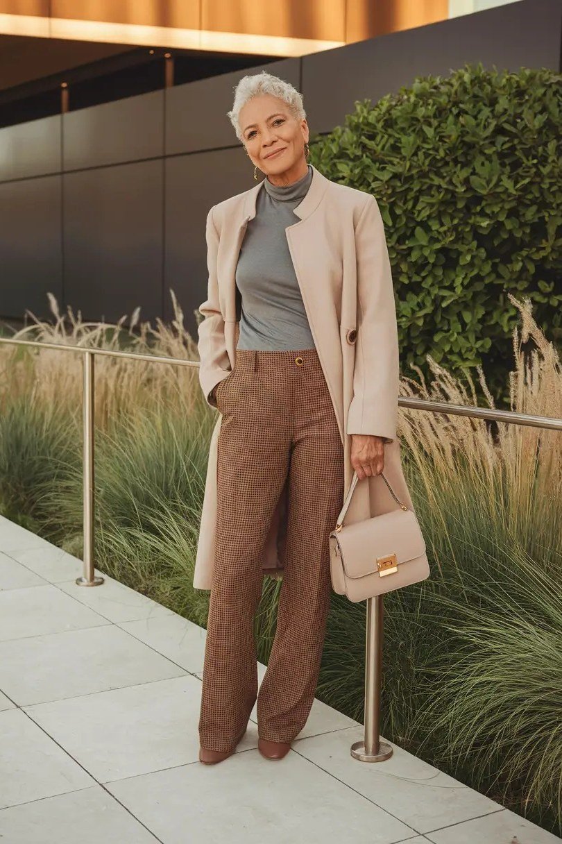 Effortlessly chic fall outfit for women over 60: cream blazer with taupe turtleneck