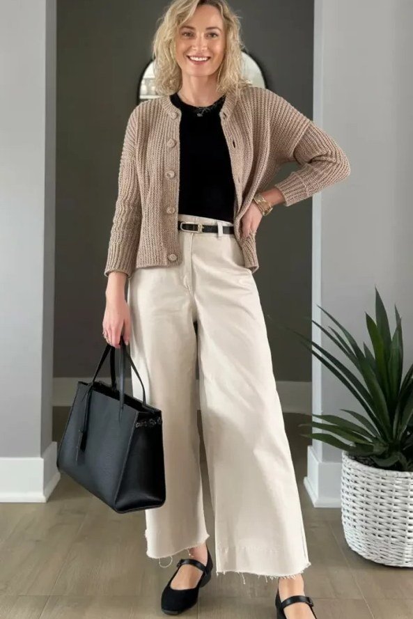 Elegant fall outfit for women over 70: beige cardigan with cream wide-leg pants