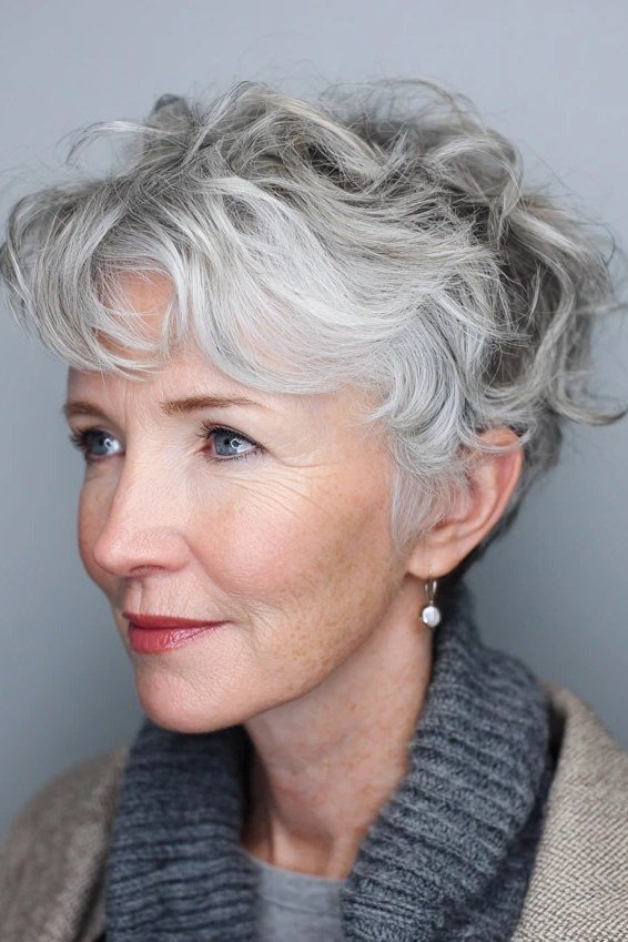 Tapered gray curly pixie haircut for women over 50