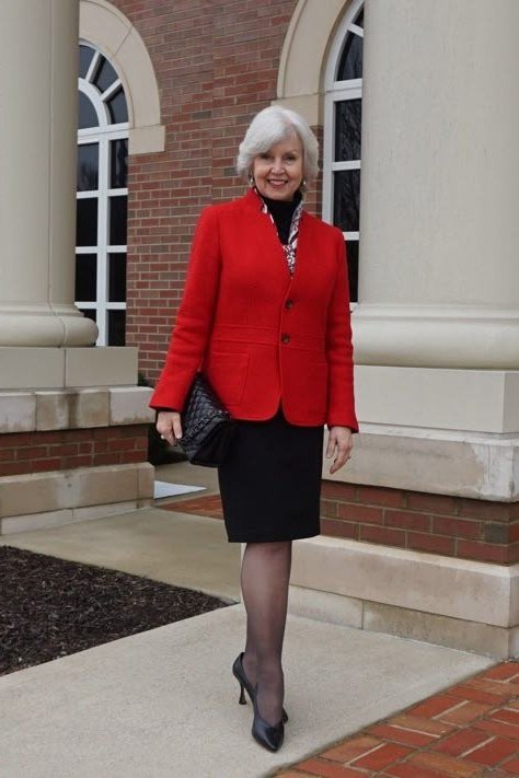 Red Blazer with Black Pencil Skirt - business outfit for women over 50