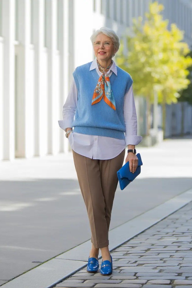 Cornflower-blue knit vest over blue shirt with tan trousers and scarf, cozy sweater outfit idea for women over 70