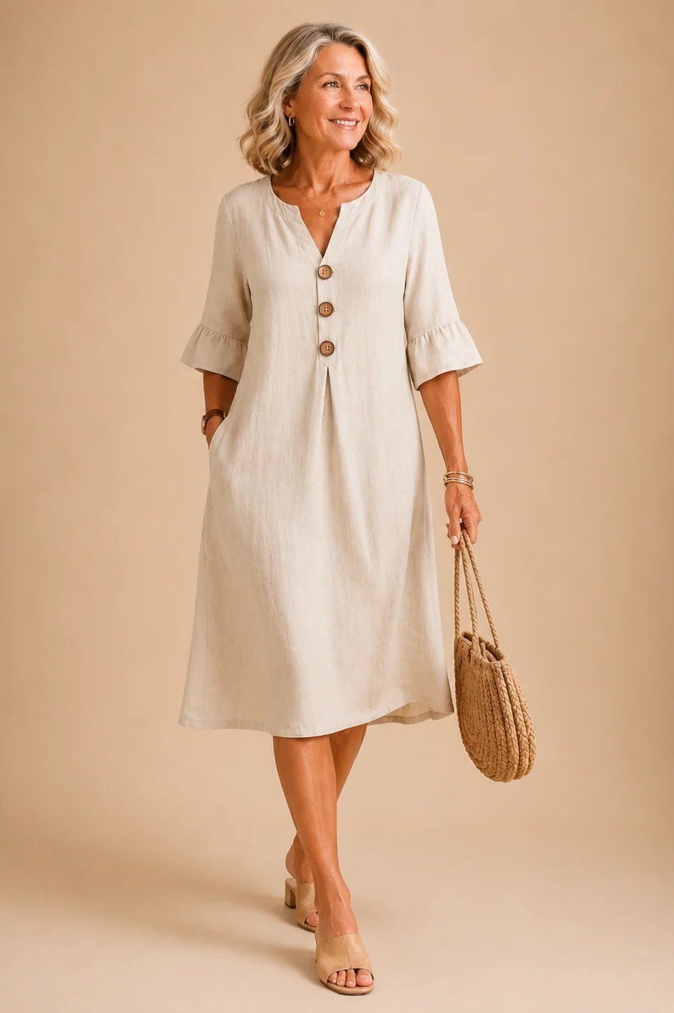 Cream Button-Front Midi summer outfit idea for women over 60