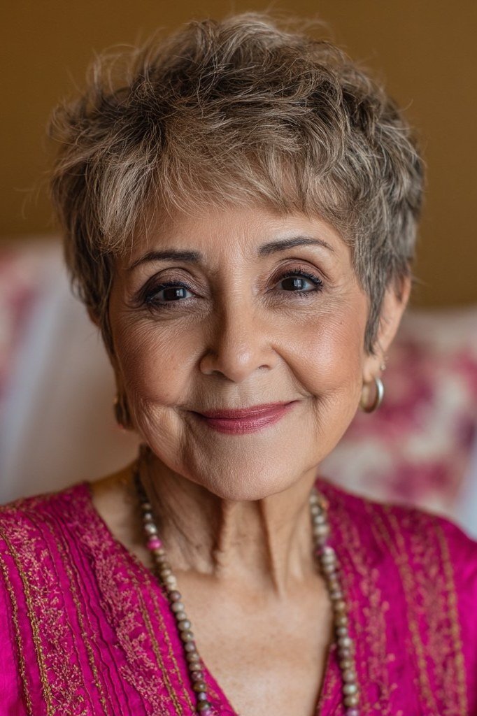 Short curly gray pixie haircut for women over 60, front view