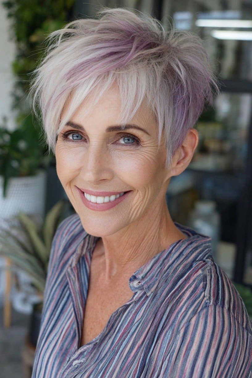 lavender tinted textured pixie for women over 50 front view