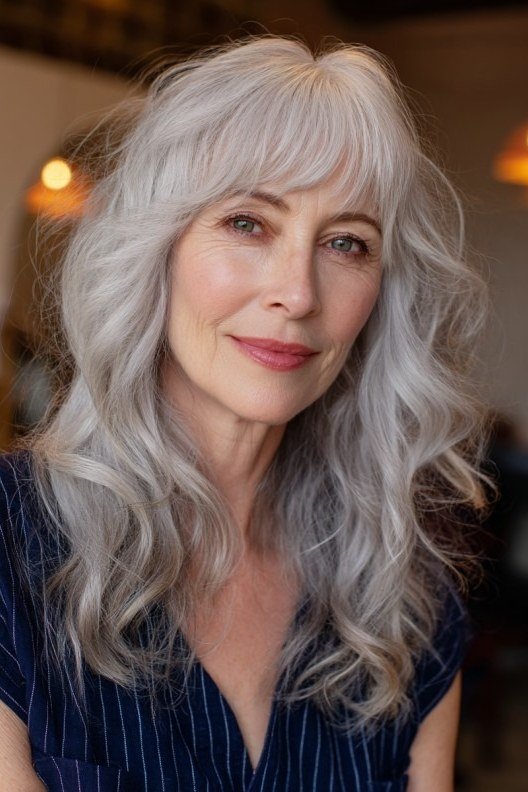 long silver wavy layers, front view hairstyle for women over 70
