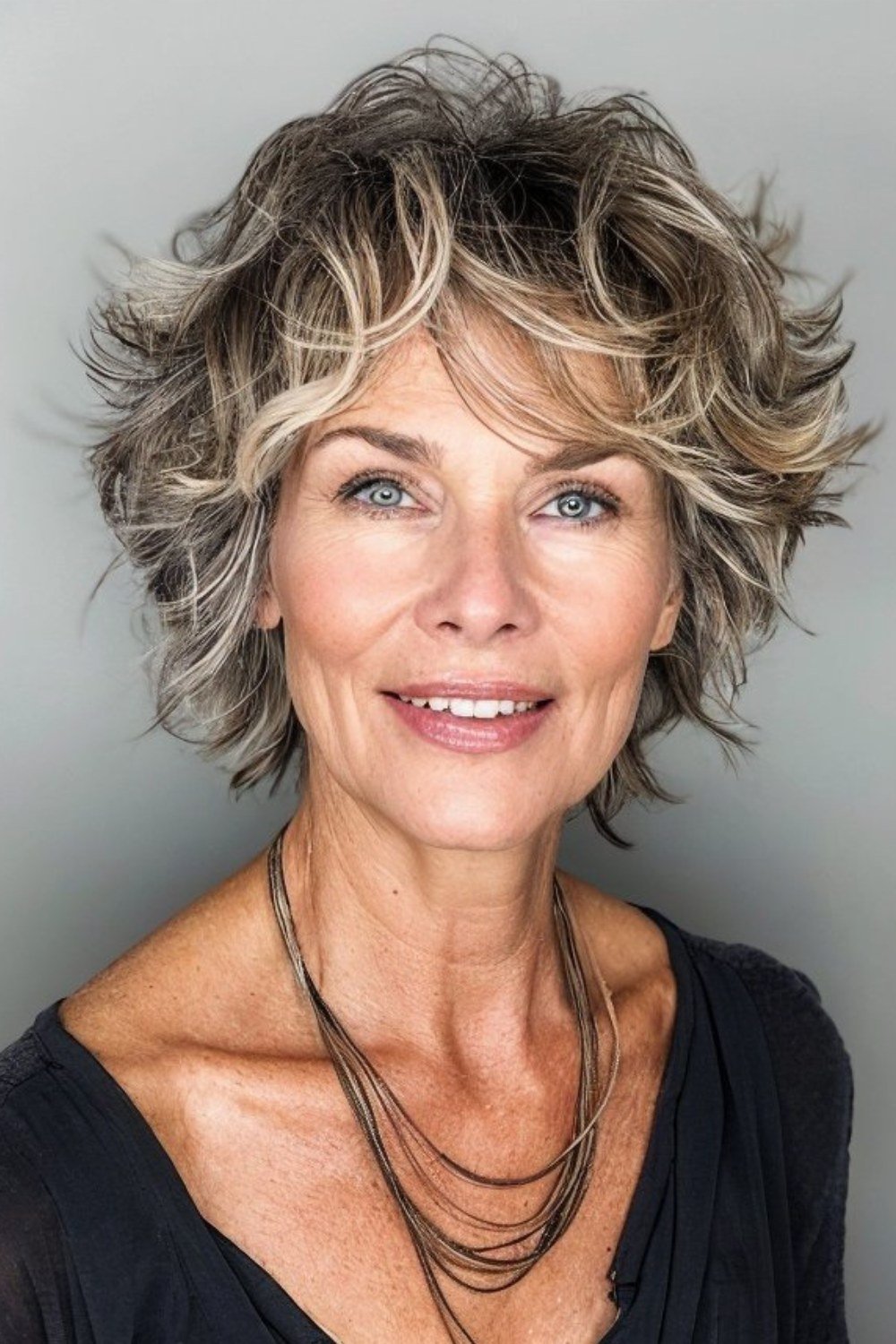 Grey-blonde curly shaggy layered bob, front view, curly grey blonde bob for women over 50