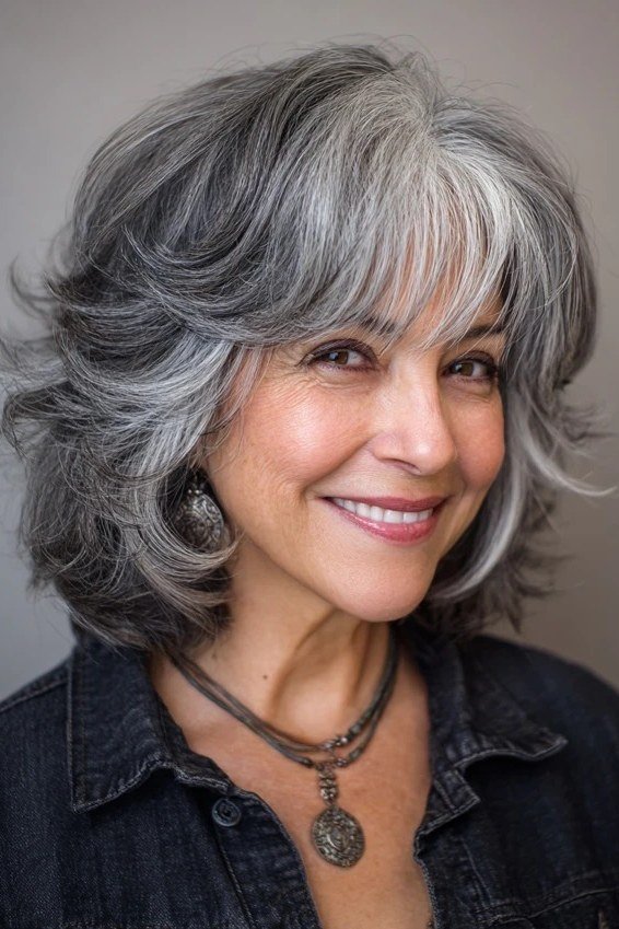 Salt-and-Pepper Shaggy Cut - grey shoulder length hairstyle for women over 60