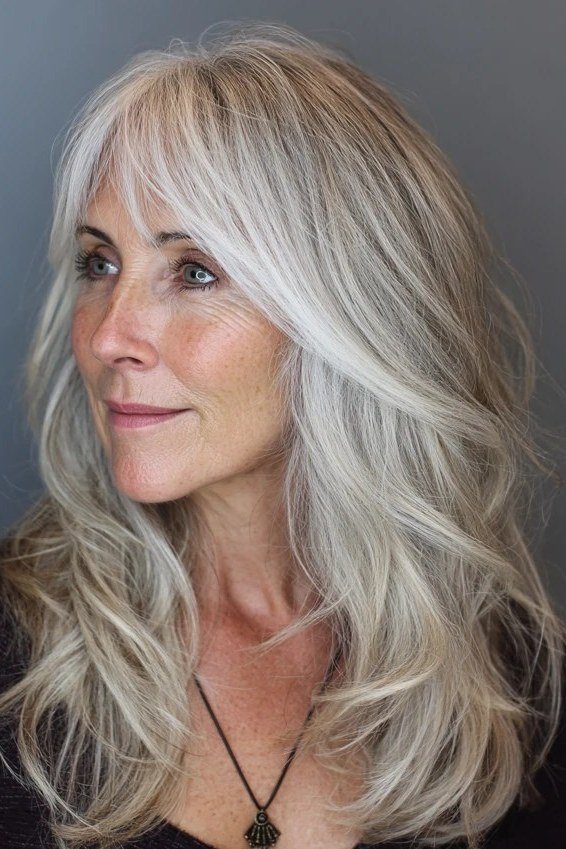 Long Wavy Silver Hair - grey hairstyle for women over 60
