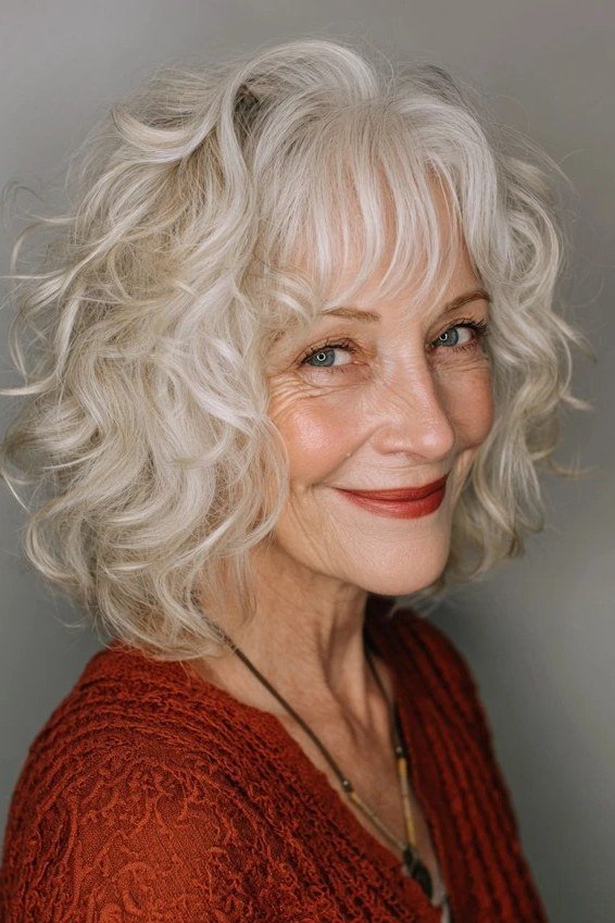 White Curly Bob With Soft Bangs - short curly hairstyle for women over 60