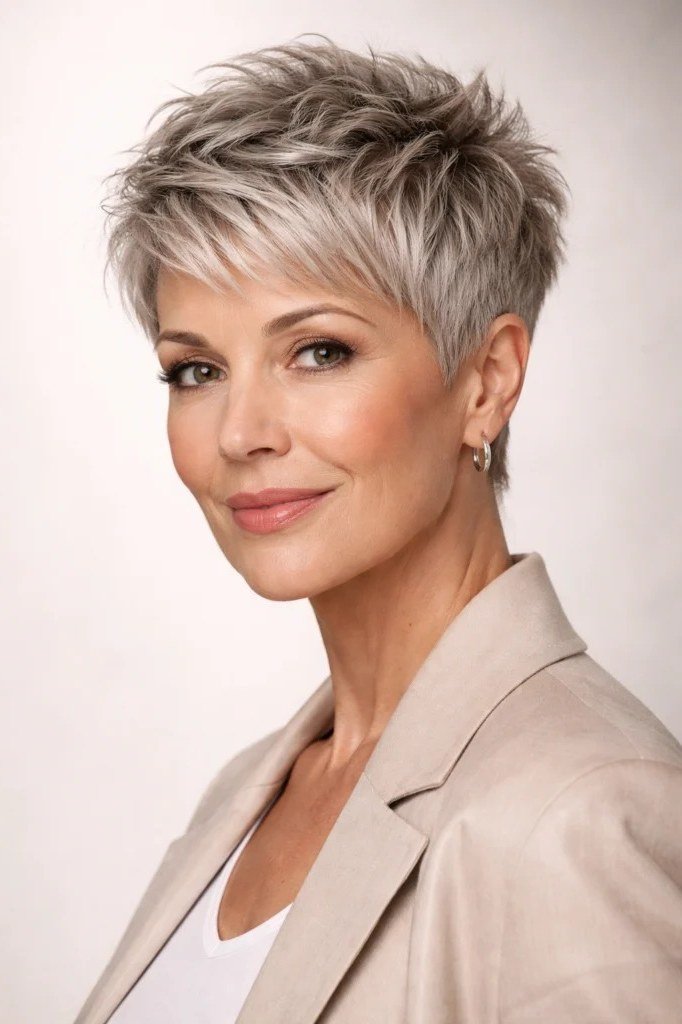 High-volume spiky pixie haircut for women over 60