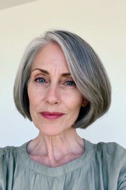 sleek grey bob with clean line for women over 50