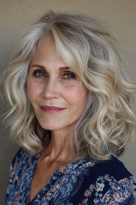 Blonde shoulder length wavy hairstyle for women over 60