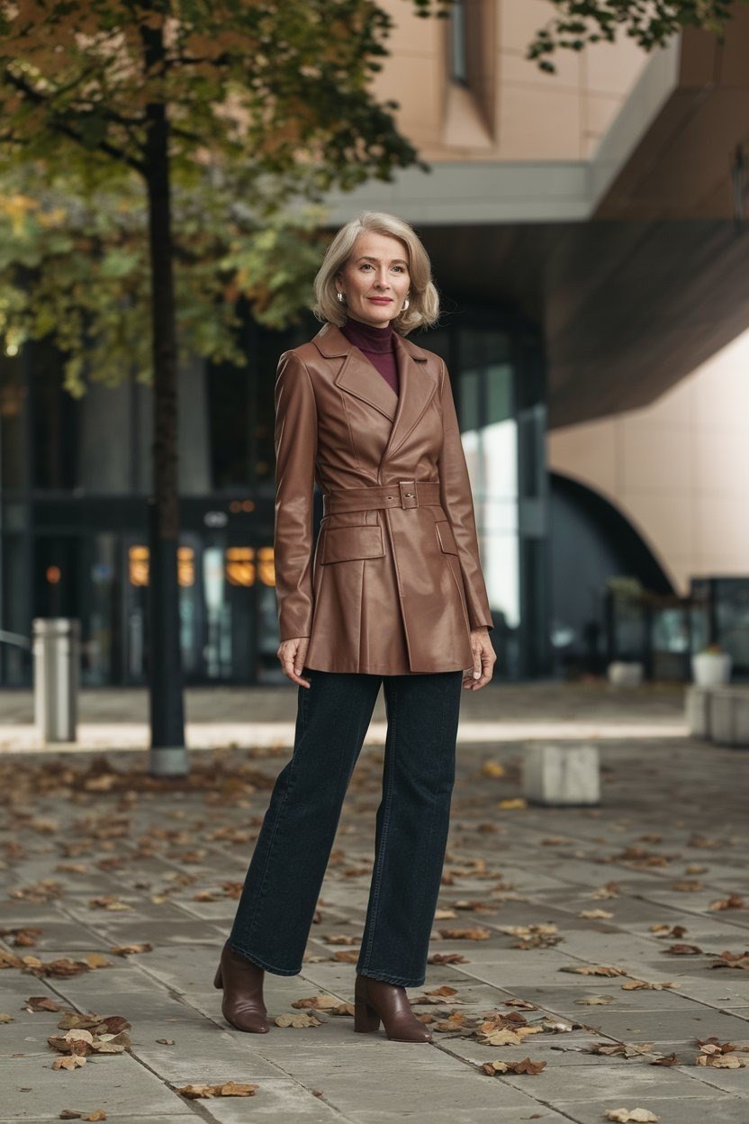 Tan blazer with black wide-leg trousers fall outfit idea for women over 60