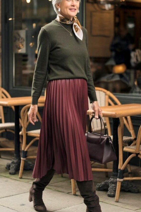 Olive knit top with burgundy pleated midi skirt and brown boots at cafe, woman over 50