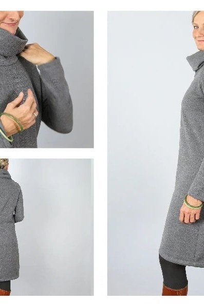 gray turtleneck knit midi, three views for women over 60