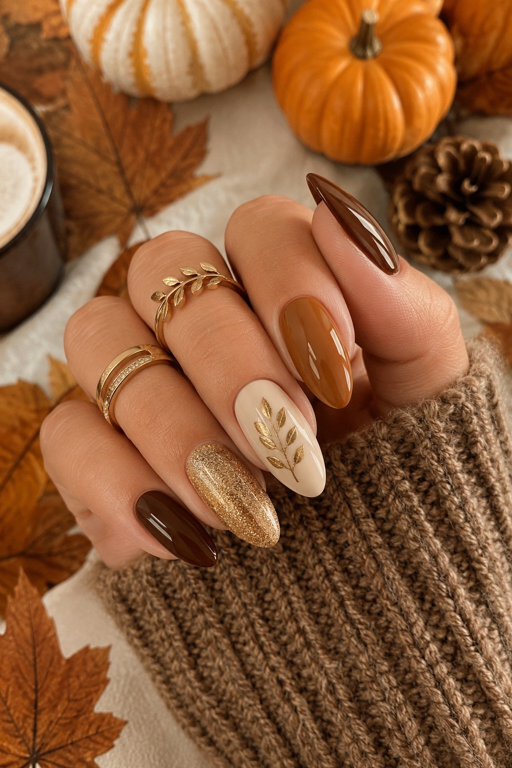 Caramel brown with gold leaf art accent nails, almond shape, medium length, glossy, pumpkins and autumn leaves in background, fall nail color for women over 40