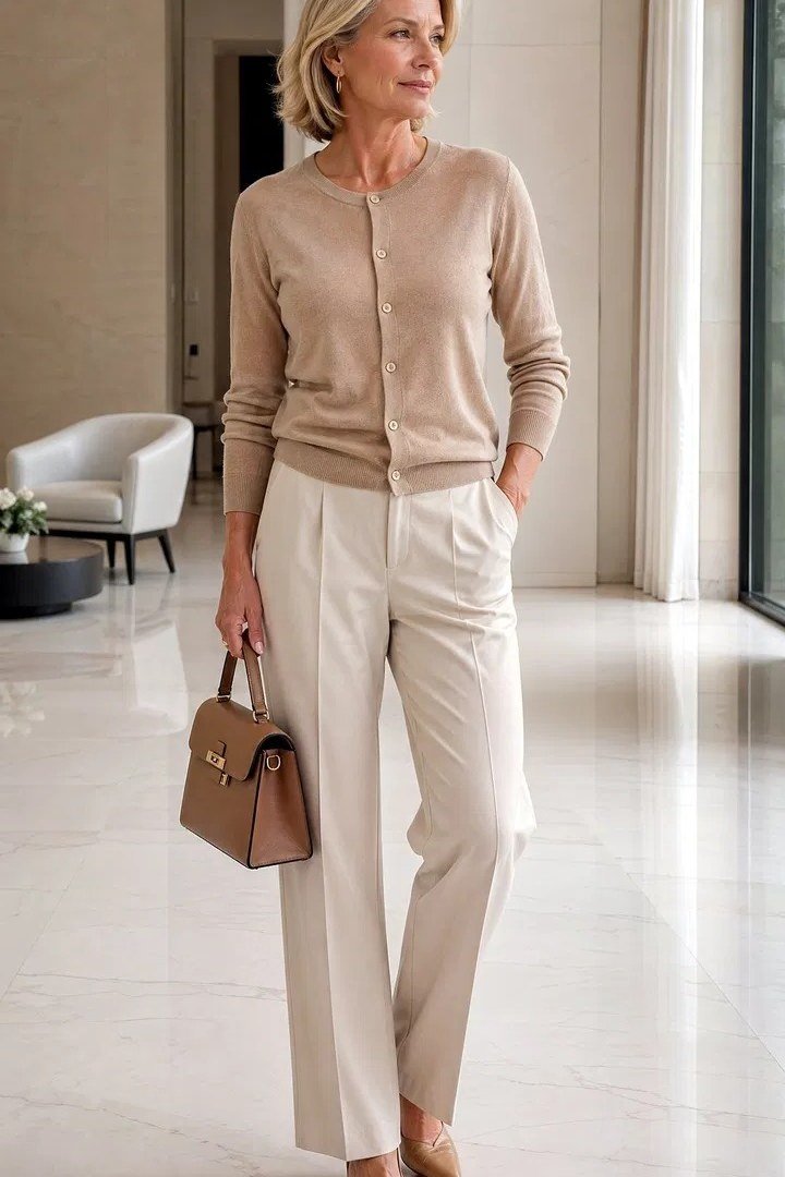 Beige cardigan cream trousers, blonde woman in bright lobby - business casual work outfit for women over 50