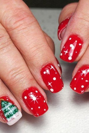 Red with white dots, santa and Christmas tree art, short nails - Christmas nail design for older women