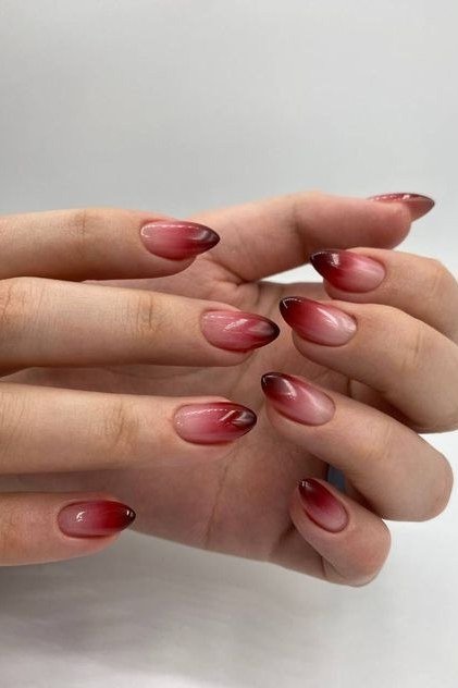 Burgundy red ombre on short nails, ombre nail design for women over 60