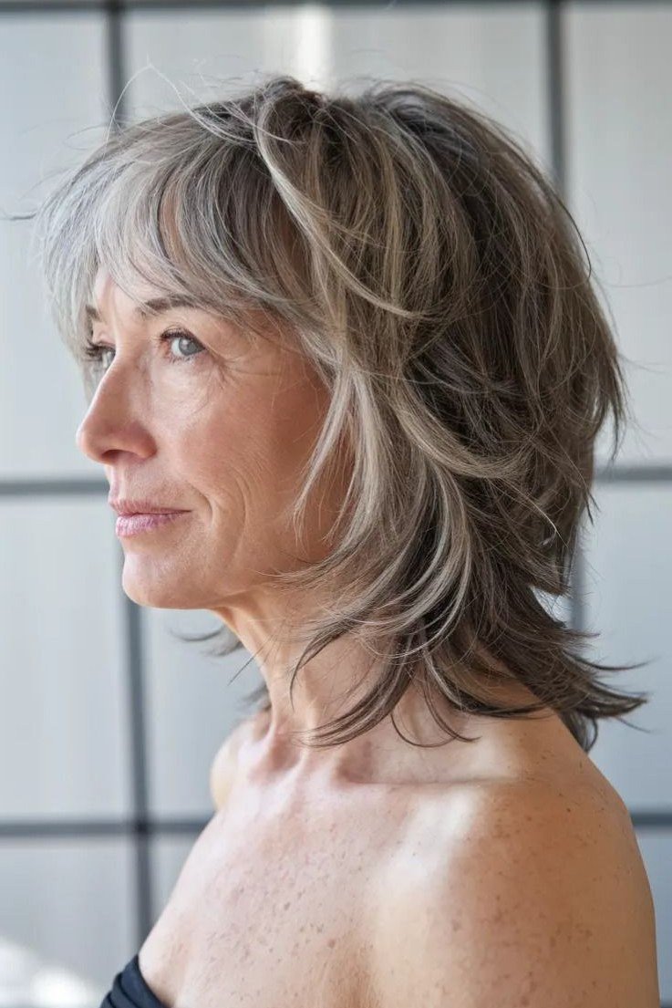 Gray shag with curtain bangs framing face