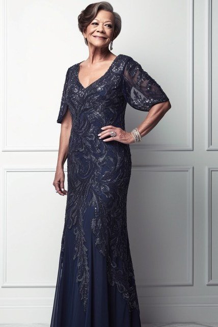Navy Lace Mermaid Gown with Flutter Sleeves - evening outfit for women over 60