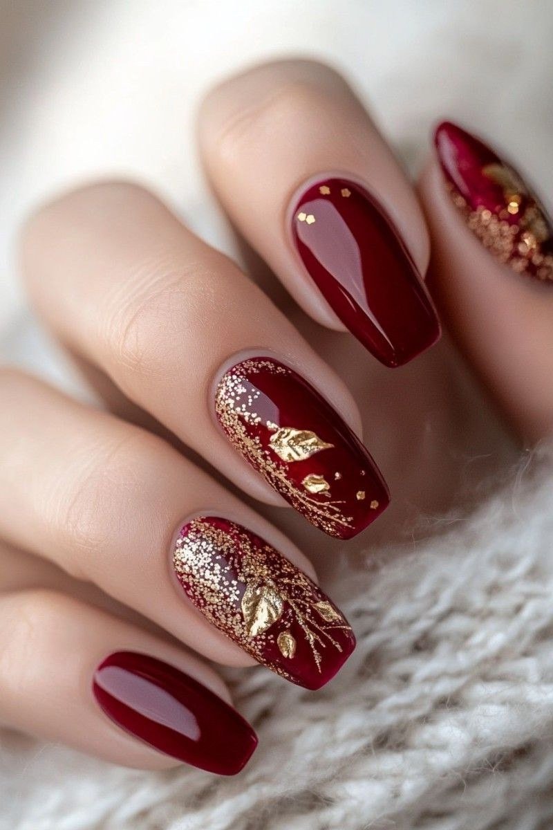 Burgundy with gold glitter accent coffin, elegant fall nail design for women over 40