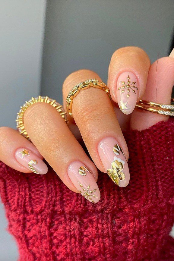 nude christmas nails with gold confetti art