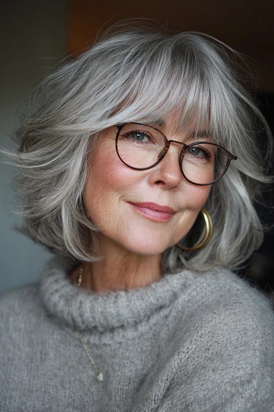 Gray shaggy bob with bangs and glasses for women over 60, front view