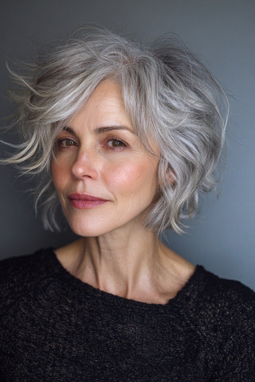 Silver Tousled Side-Parted Shag - shaggy bob haircut for women over 60