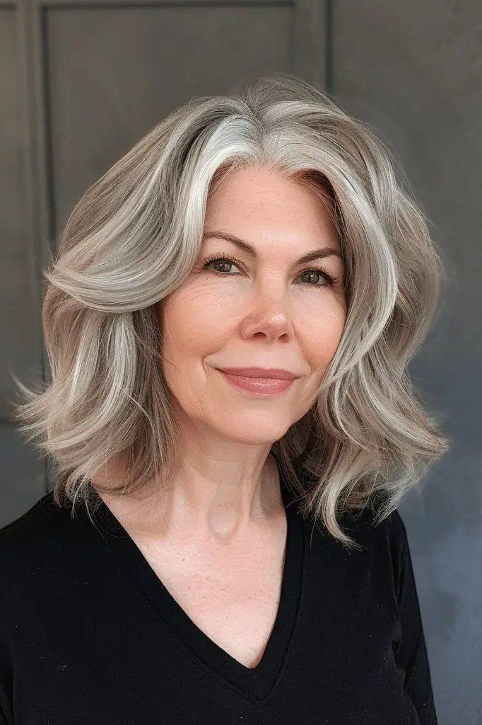 Grey wavy lob, front view, woman in her 60s