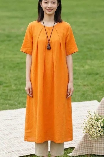 Burnt-orange midi dress with woven tote, picnic blanket for women over 60
