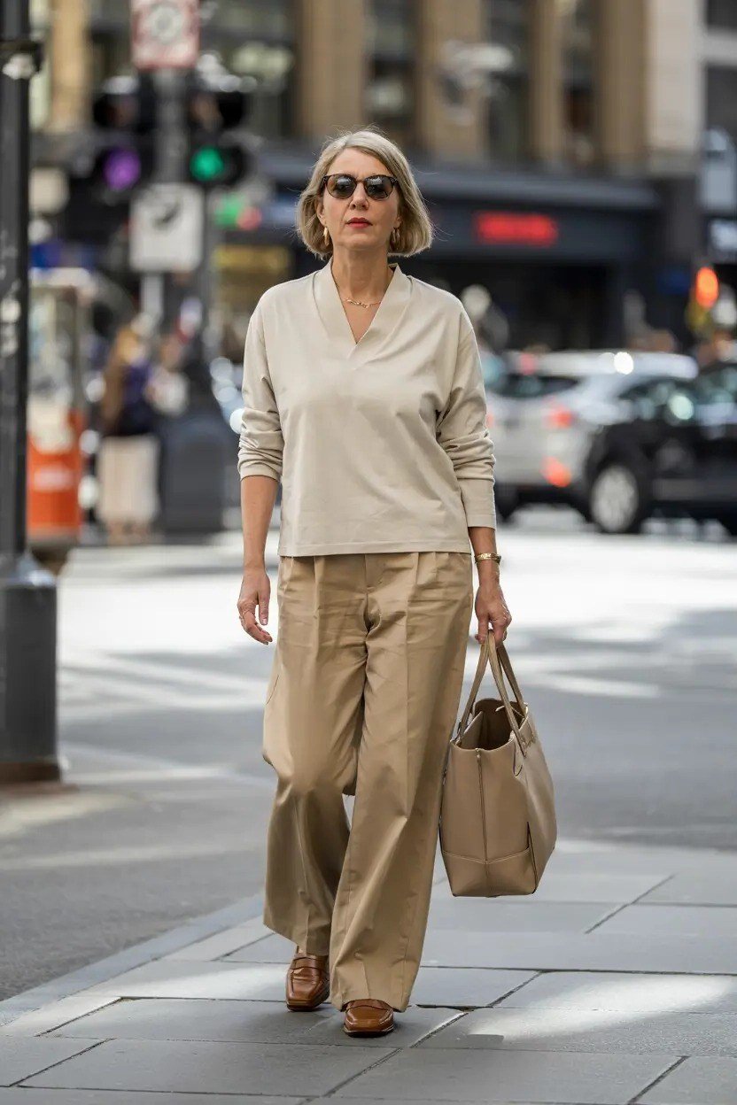 Fall city outfit for women over 50: cream sweater tan wide leg trousers tan bag